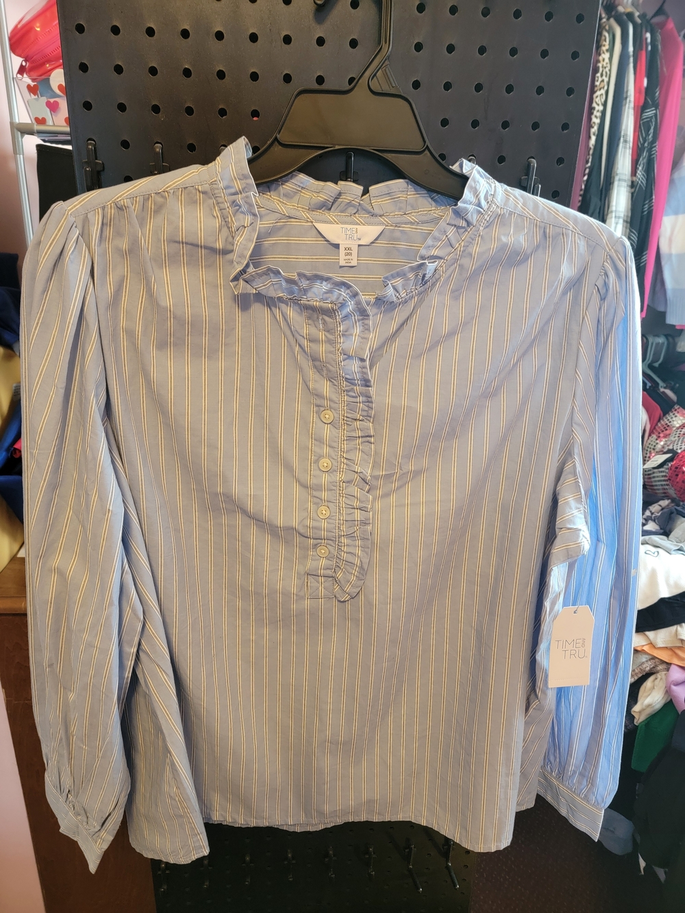 Time and Tru Light Blue Striped Ruffle-Neck Blouse